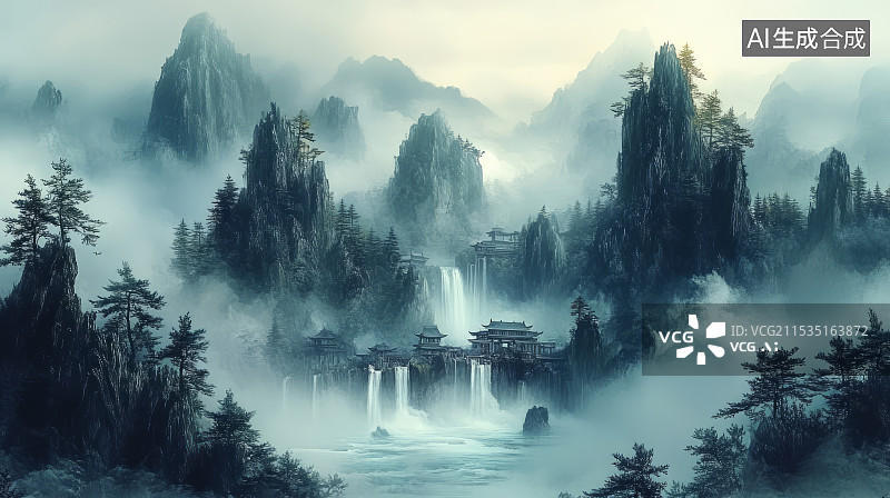 【AI数字艺术】中国风水墨意境高山流水插画图片素材