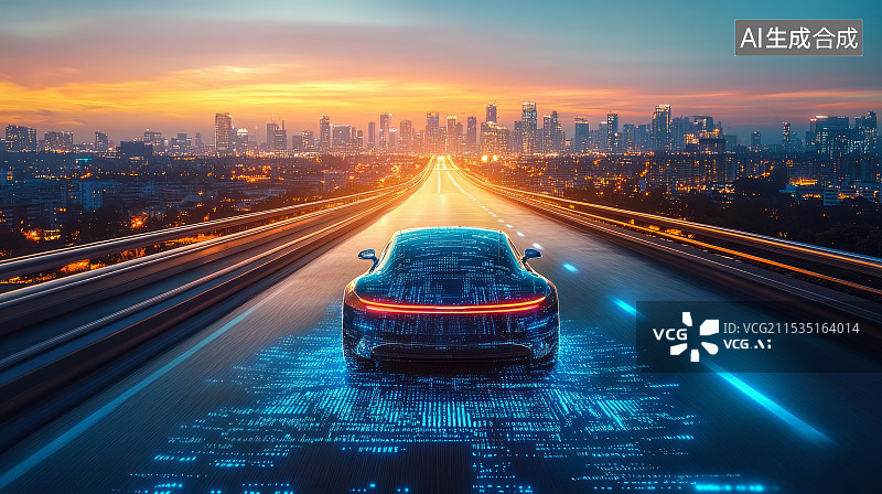 【AI数字艺术】城市公路上行驶的智能汽车，自动驾驶技术概念图片素材
