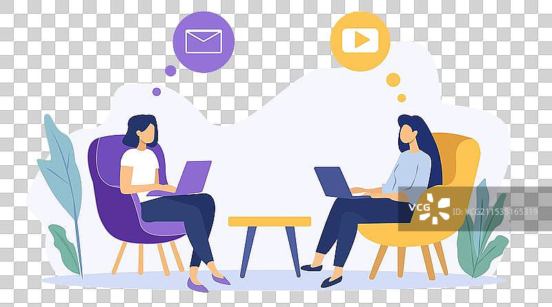 两位女性坐在椅子上使用笔记本电脑工作图片素材