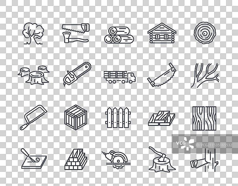 一组与木材相关的简单线条图标符号图片素材