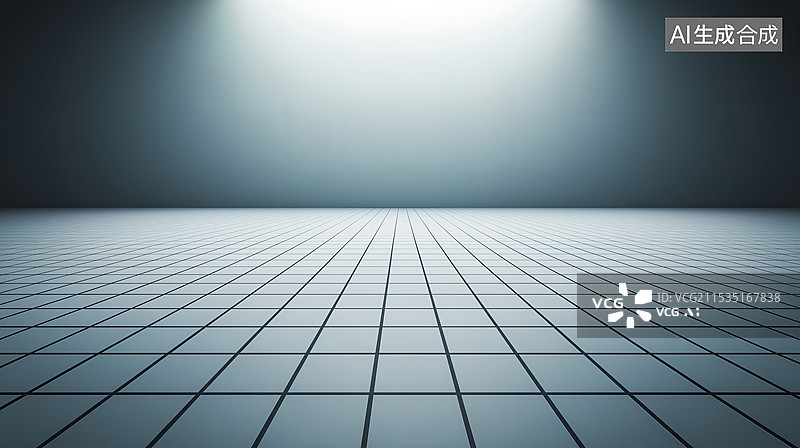 【AI数字艺术】从低角度拍摄的带有网格图案的抽象灰色地板,在远处有一个明亮的光点图片素材