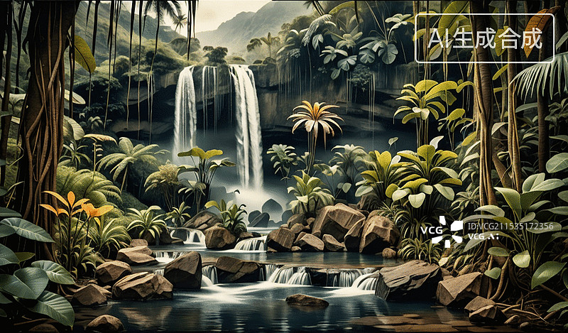 【AI数字艺术】热带雨林瀑布图片素材