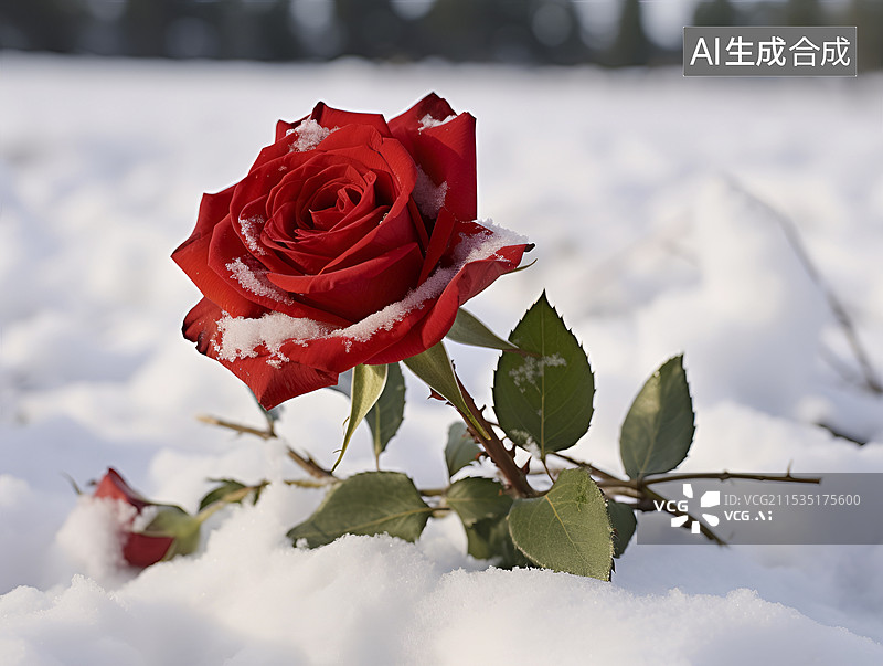 【AI数字艺术】雪地里的一枝红玫瑰图片素材