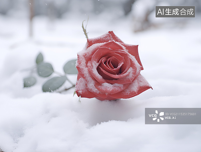 【AI数字艺术】雪地里的一枝红玫瑰图片素材