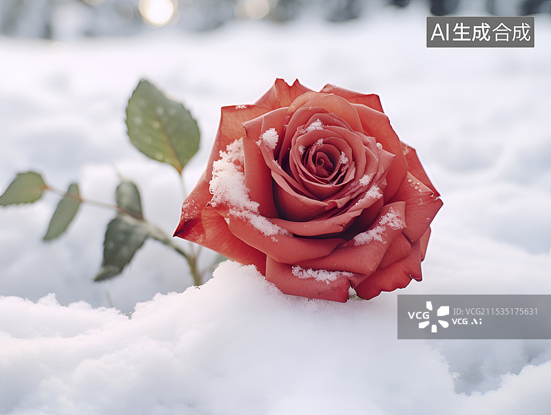 【AI数字艺术】雪地里的一枝红玫瑰图片素材