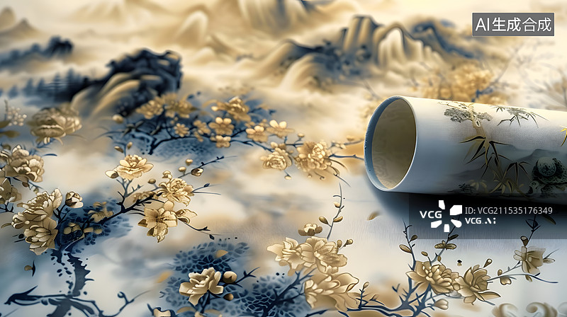 【AI数字艺术】中国宣纸卷轴花卷山水画图片素材