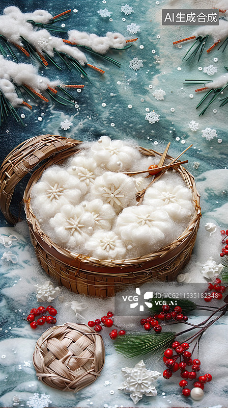 【AI数字艺术】新年冬天元旦元宵毛毡汤圆食品竹篮话梅场景微距摄影图片素材