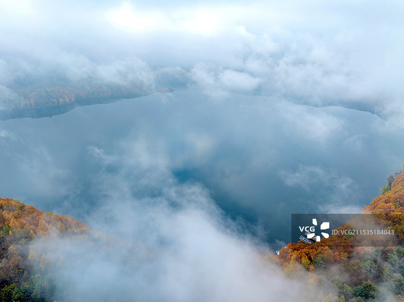 中国吉林通化辉南龙湾群大龙湾云海航拍风光图片素材
