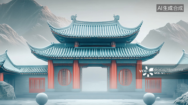 【AI数字艺术】古代建筑高山云雾图片素材