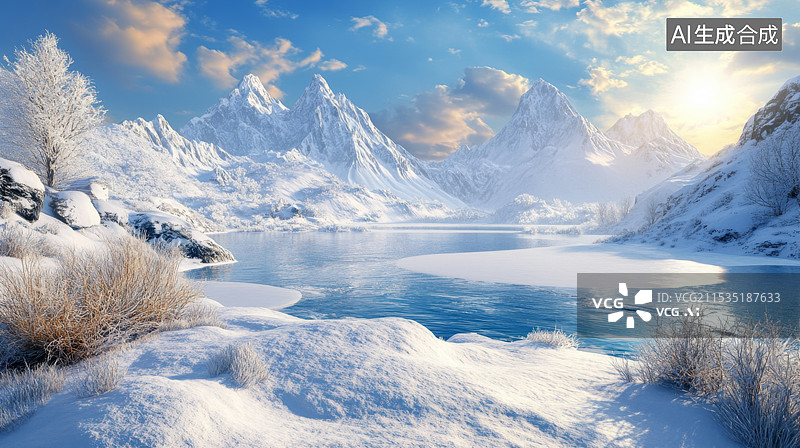 【AI数字艺术】冬季新疆雪山雪原湖水雾凇风景图片素材