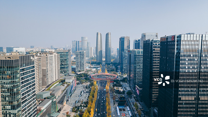 航拍成都现代城市风光，交子大道，天府国际金融中心，双子塔图片素材