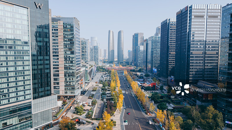 航拍成都现代城市风光，交子大道，天府国际金融中心，双子塔图片素材
