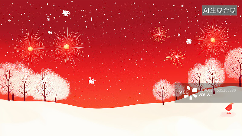 【AI数字艺术】红色背景白色烟花和雪景图片素材