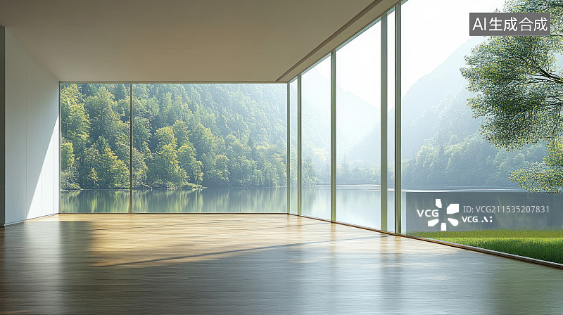 【AI数字艺术】湖边宁静的现代简约风格客厅图片素材