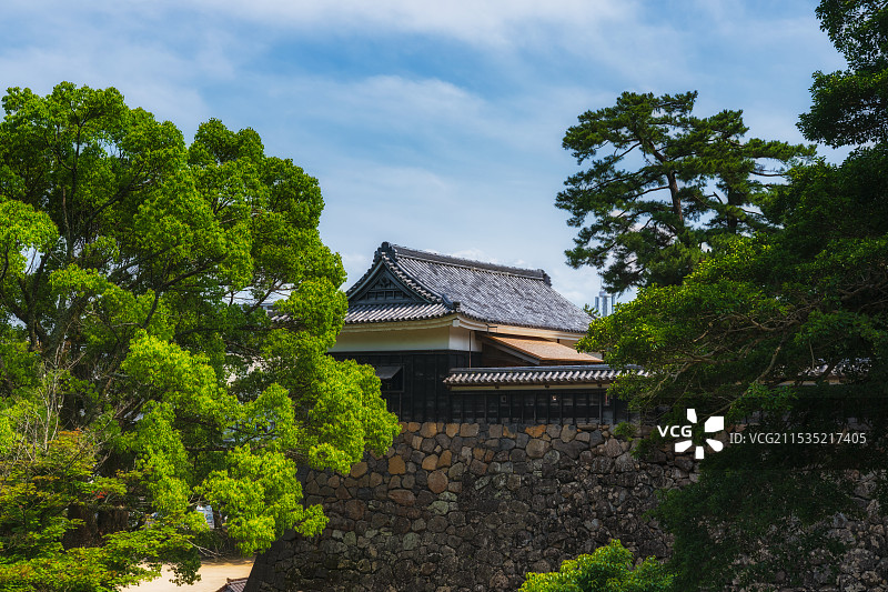 霓虹国，日本本州，中国地区，松江城山公园，千鸟城，千鸟破风，太鼓櫓，太鼓门，城郭，古迹地标，夏季图片素材