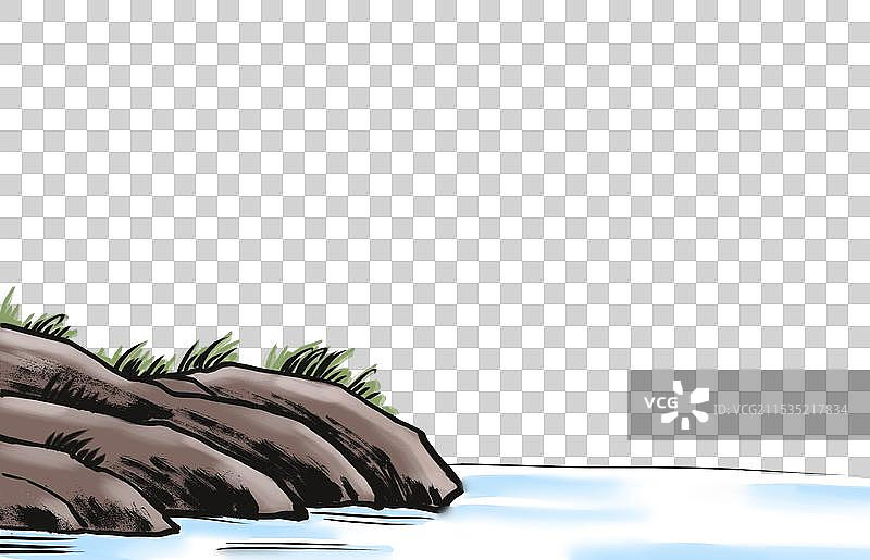 河岸河堤国风水墨元素图片素材