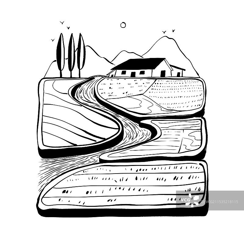乡村房屋田地山川河流风景黑白插图图片素材