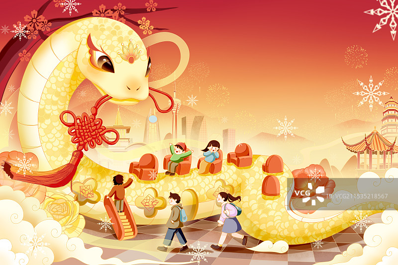去往蛇年的金蛇列车国潮风插画海报图片素材