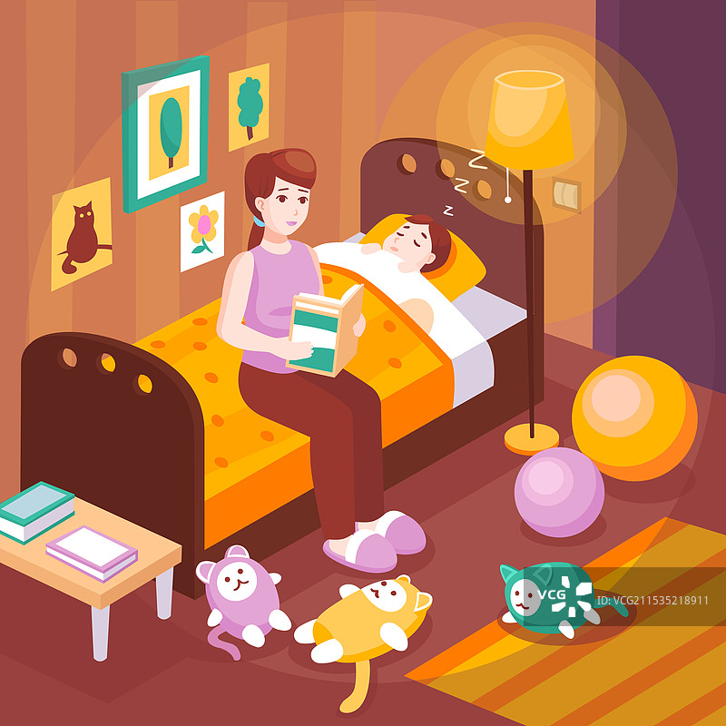 母亲在给孩子讲睡前故事图片素材