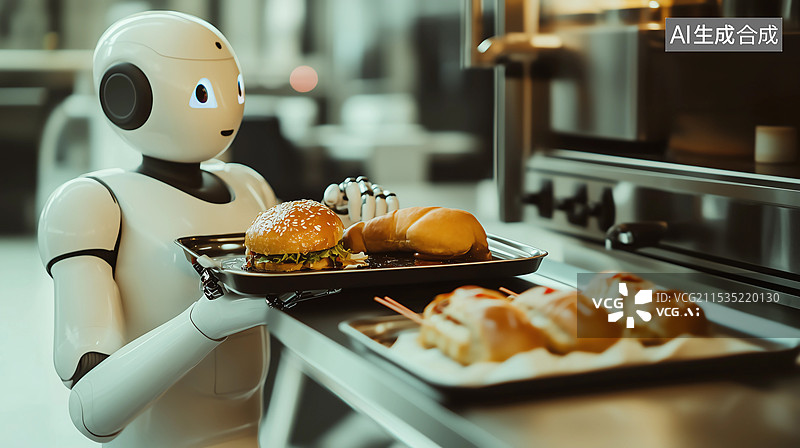 【AI数字艺术】未来餐厅里的机器人服务员图片素材