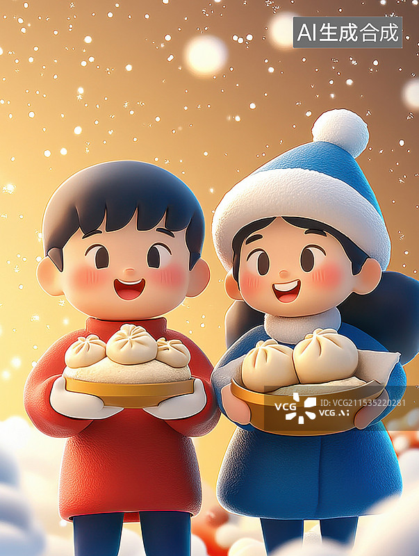 【AI数字艺术】卡通人物冬至饺子包子背景插画图片素材