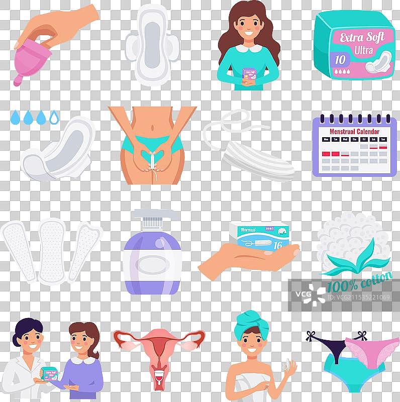 女性卫生平面图标集与卫生棉条图片素材