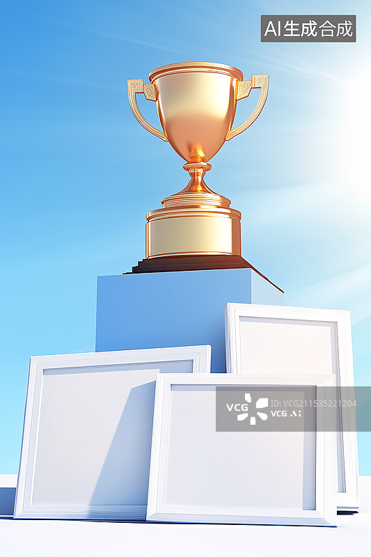 【AI数字艺术】蓝色背景下桌子上的奖杯与奖状证书特写镜头图片素材