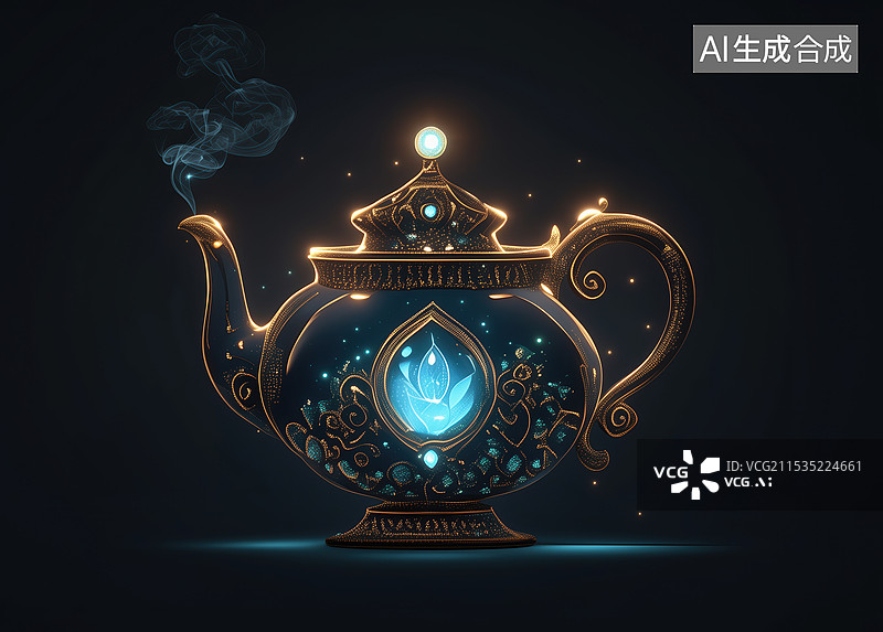 【AI数字艺术】黑底荧光色镶宝石神秘魔法茶壶3D立体插画图片素材