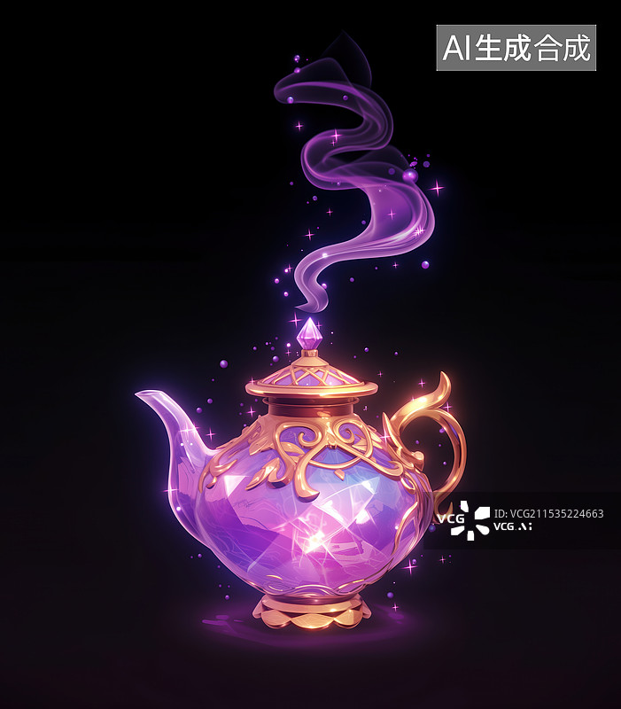 【AI数字艺术】黑底荧光色镶宝石神秘魔法茶壶3D立体插画图片素材