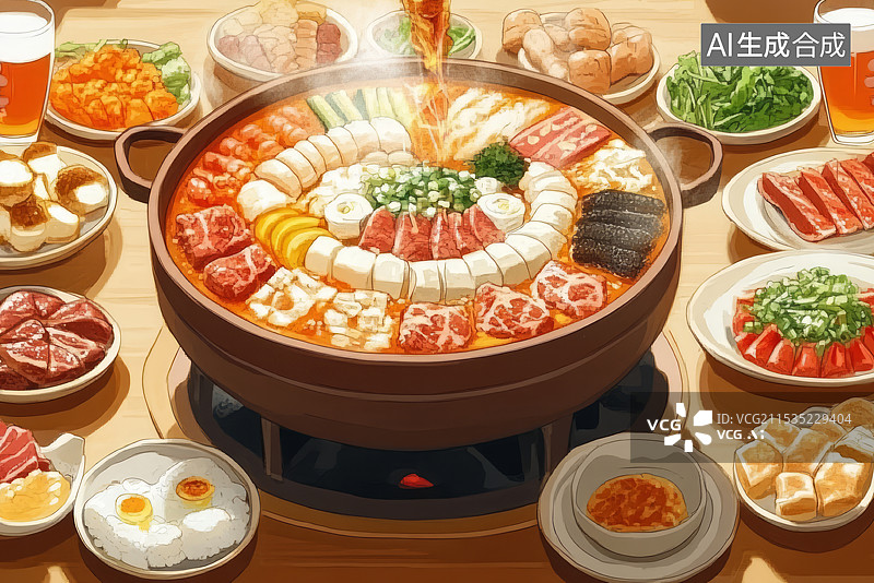 【AI数字艺术】国潮风春节聚餐火锅年夜饭喜庆团圆插画图片素材