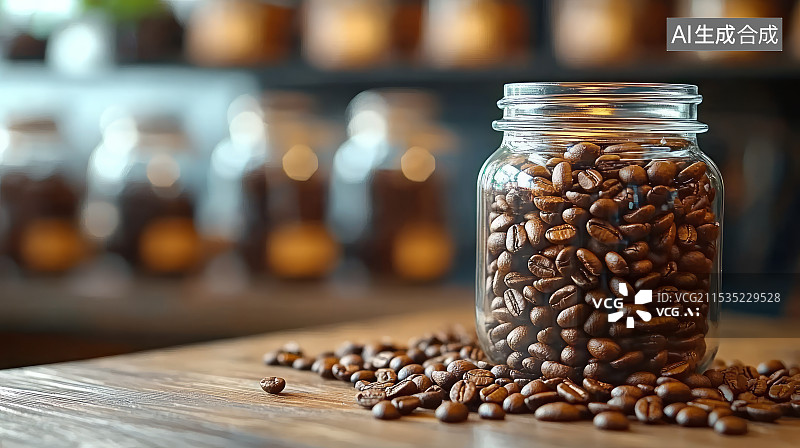 【AI数字艺术】木桌上罐子里咖啡豆的特写图片素材