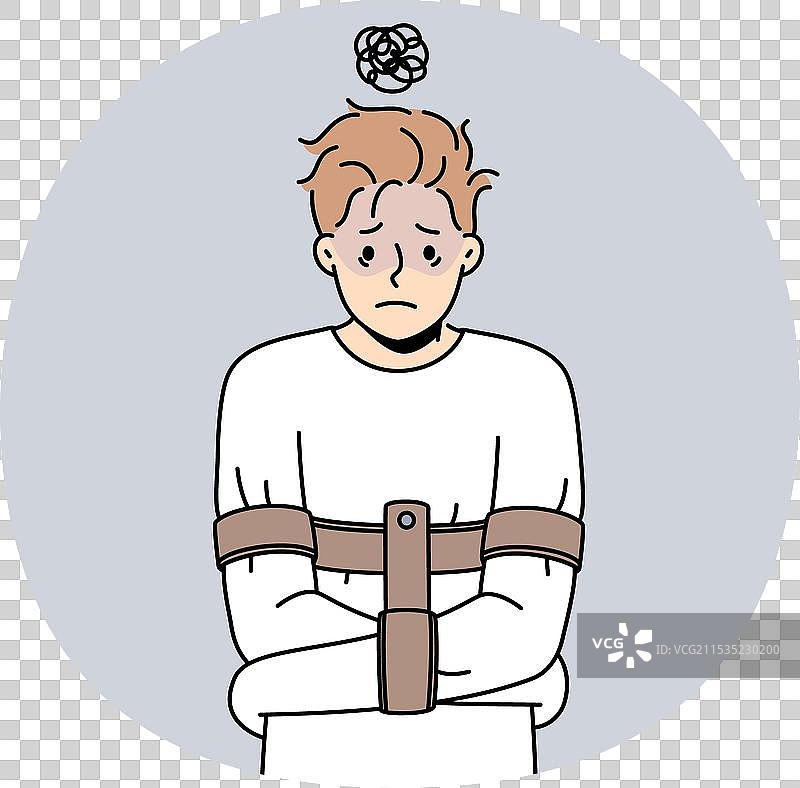 不快乐的男人穿着束缚衣，遭受心理困扰图片素材