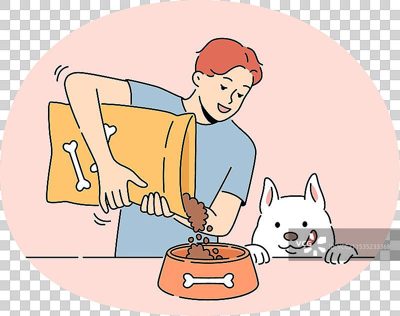 微笑的男人把包装里的食物给狗狗图片素材