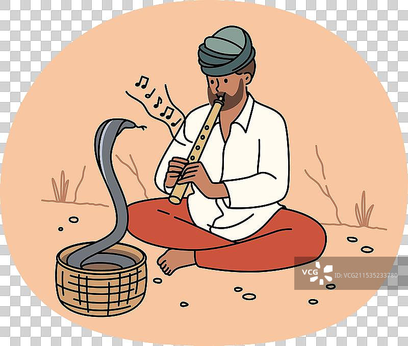 头戴头巾的男子为眼镜蛇吹奏长笛图片素材