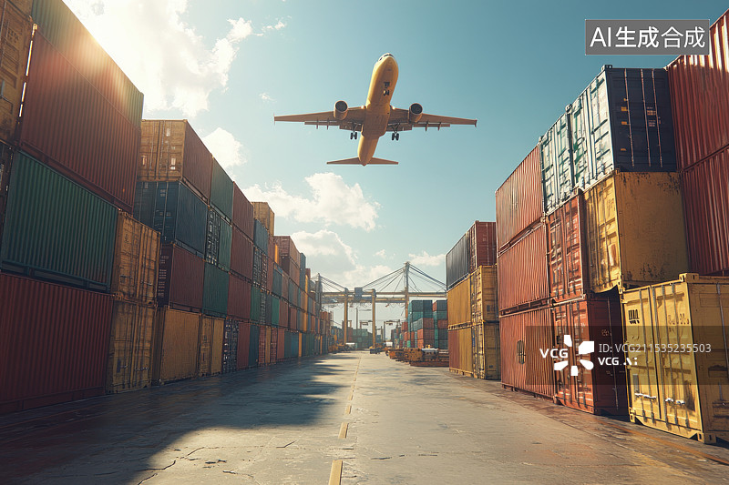 【AI数字艺术】全球商业物流和飞机飞越港口的货物集装箱图片素材