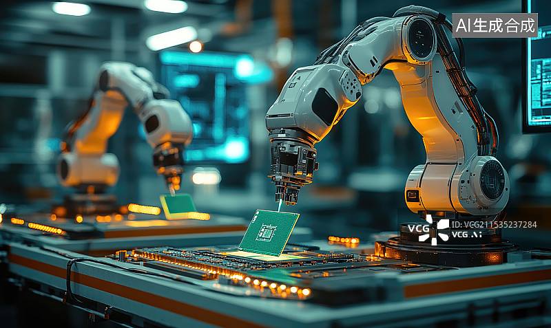 【AI数字艺术】汽机械臂和芯片的制造，生产线图片素材