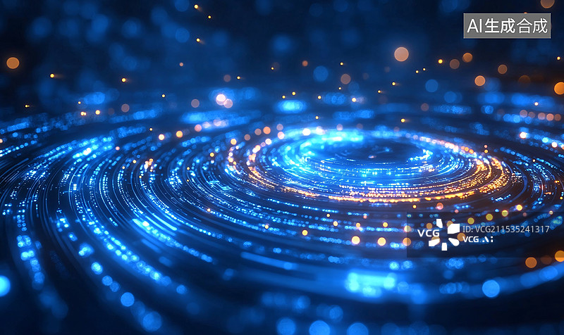 【AI数字艺术】蓝色和橙色光点组成的同心圆图案，同心圆向外扩散，形成一个光环状结构，中心化，秩序化，未来感和科技感图片素材