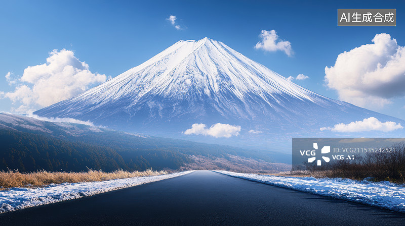 【AI数字艺术】冬天雪山脚下积雪的公路图片素材