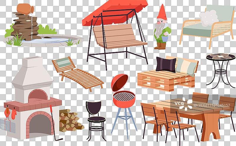 花园家具和烧烤设备套装图片素材
