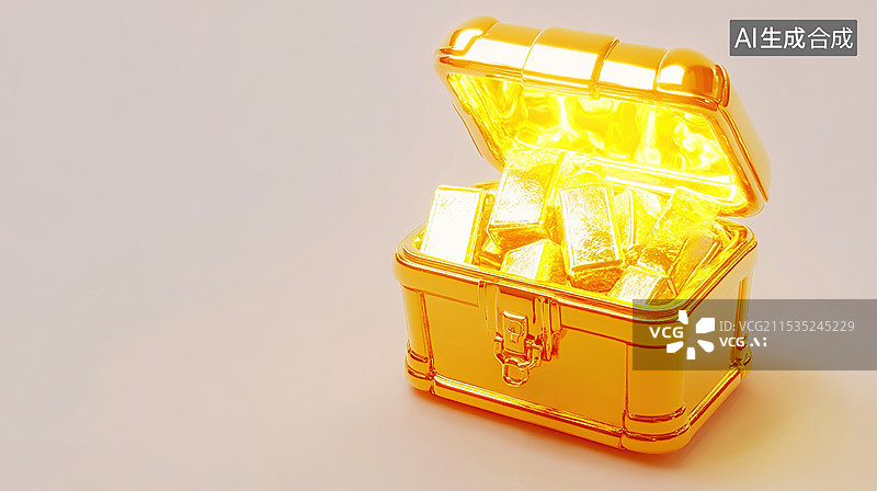 【AI数字艺术】一个3D金色金箔宝箱装满金条发出神秘光冒险游戏金融背景投资装饰活动设计元素图片素材