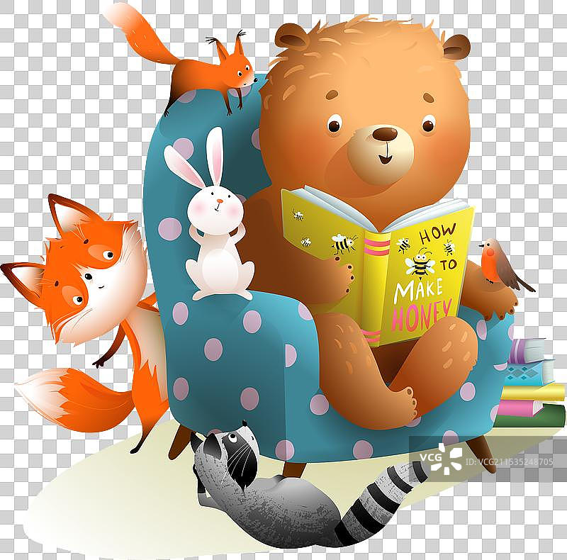 熊在学校里给动物们读书，教育卡通图片素材