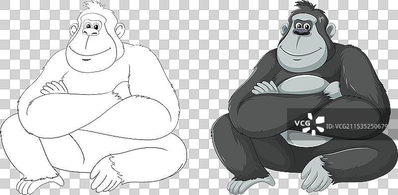 两只以灰度色调描绘的卡通大猩猩图片素材