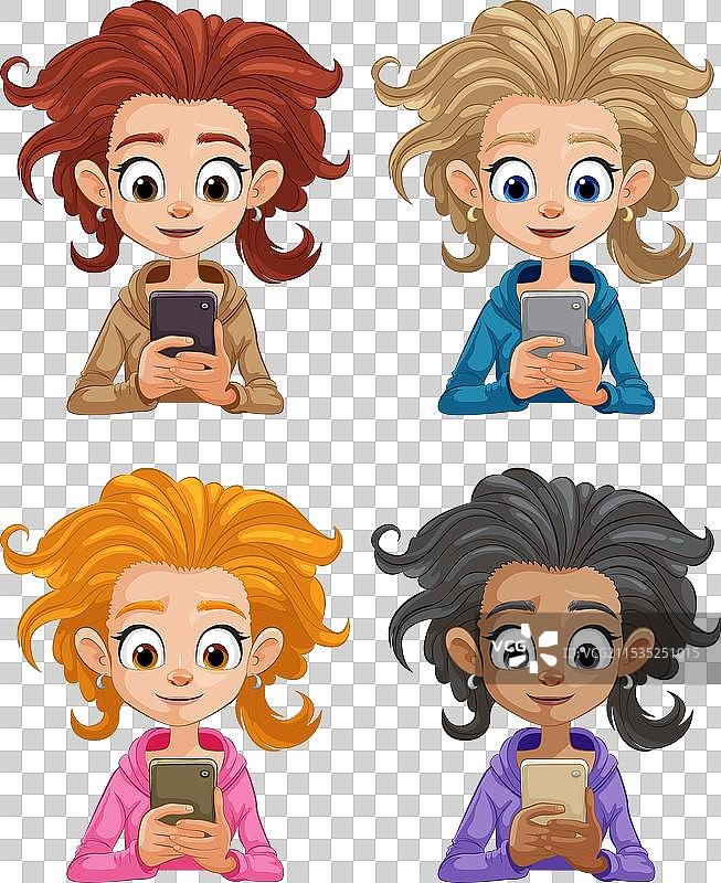 四个卡通儿童正在使用智能手机，面带微笑图片素材