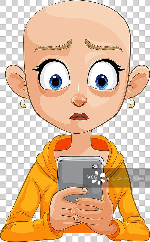 担心的光头卡通女孩拿着智能手机图片素材