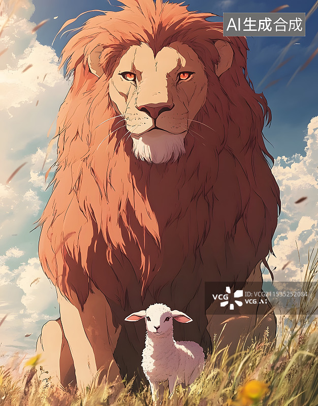 【AI数字艺术】二次元童话中的巨大狮子漫画和小羊图片素材