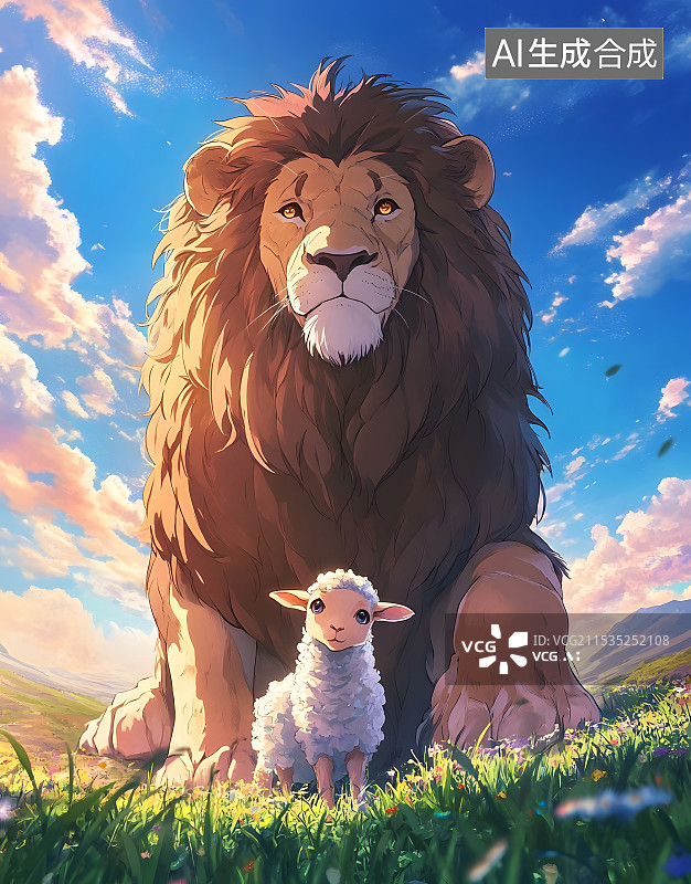 【AI数字艺术】二次元童话中的巨大狮子漫画和小羊图片素材