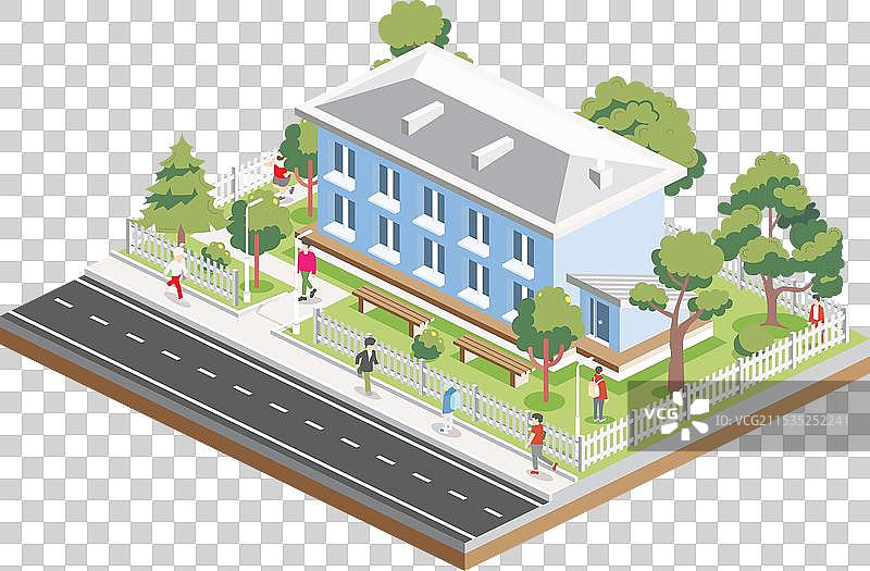 等轴测的两层住宅建筑与图片素材