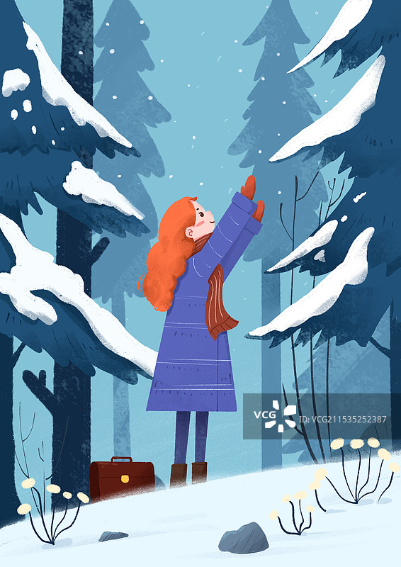 卡通手绘冬季森林里玩雪的可爱女孩儿童插画图片素材
