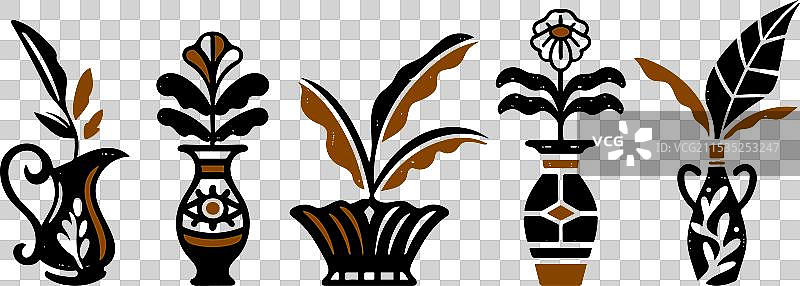 一组时尚的热带植物与花瓶图片素材