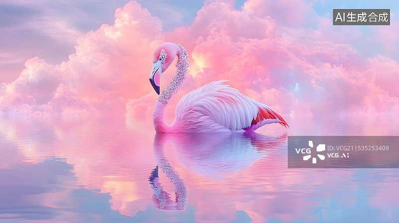 【AI数字艺术】火烈鸟在湖中游泳的特写镜头图片素材